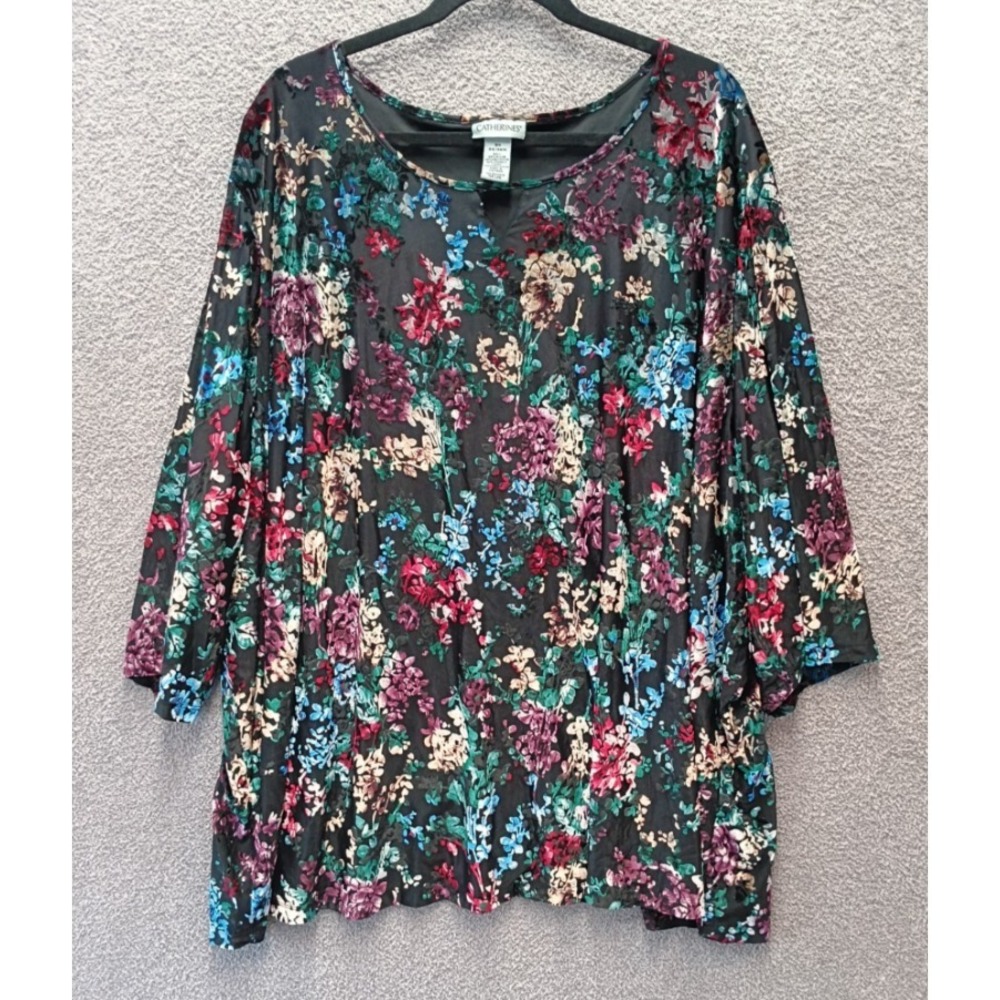 Catherines Burnout Velvet Floral Blouse Women 5X 34/36W‎ Black Top